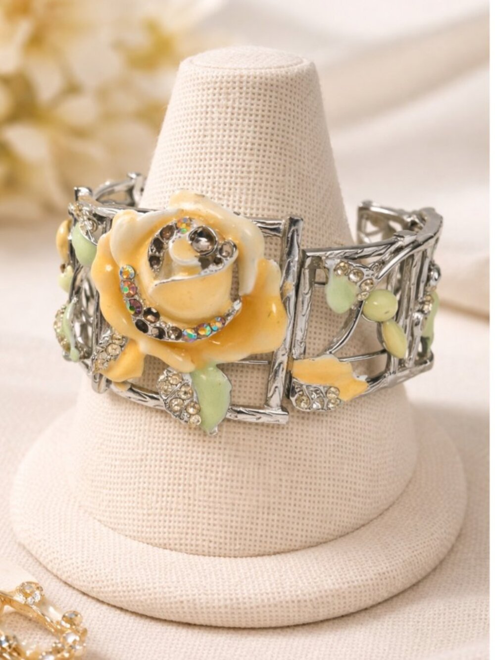 Vintage fairycore porcelain yellow rose whimsigoth silver Tone bracelet cuff